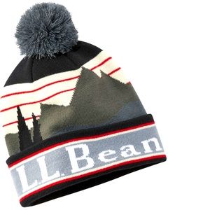 New L.L. Bean Katahdin Pompom Beanie Gray Red Winter Hat